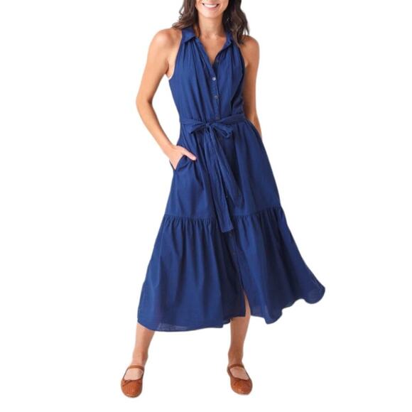 Xirena Finley Midi Dress Poplin Navy Blue Large Cotton Halter Gauze Button Down